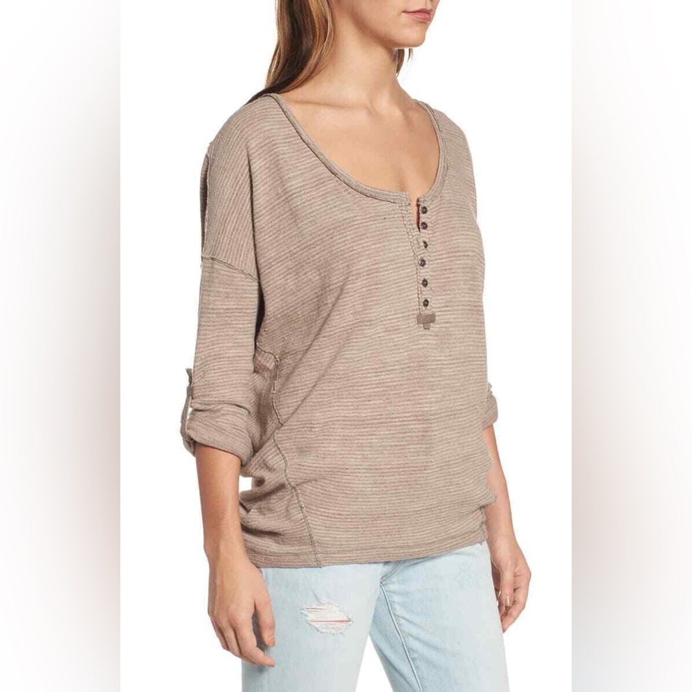 Free People We the Free Beach Haven Striped Henley Tee Top Women’s Size Large - Picture 2 of 9